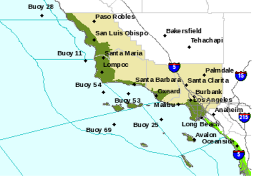 National Weather Service Map updated Oct 26 2015 at 5:43 p.m. PDT. Dark green represents Coastal Flood Statement area