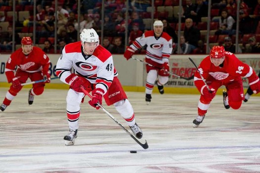 Victor Rask skates the length of the ice before scoring his goal that helped defeat the Red Wings 3-1