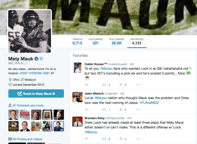 Suspended Missouri QB Maty Mauk favorites tweets about QB situation