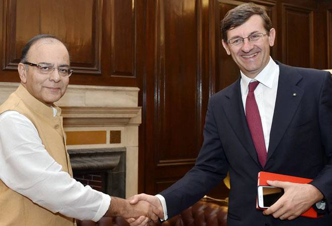 Union Minister for Finance Corporate Affairs and Information & Broadcasting Arun Jaitley with Vodafone Group CEO Vittorio Colao