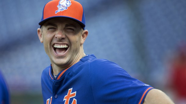 New York Mets third baseman David Wright laughs during warmups before the start of a baseball game with the Philadelphia Phillies Monday Aug. 24 2015 in Philadelphia