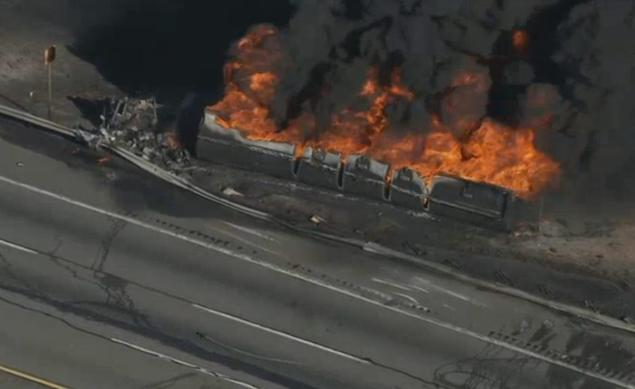 Firefighters from several departments battled the blaze at the scene of the tanker truck fire along the New Jersey Turnpike in Kearny