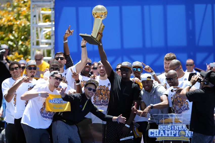 Jun 19 2015 Oakland CA USA Golden State Warriors hold the trophy during the Golden State Warriors 2015 championship celebration at the Henry J. Kaiser Convention Center. Mandatory Credit Kelley L Cox-USA TODAY Sports