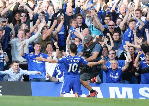 Eden Hazard celebrates his goal with the fans