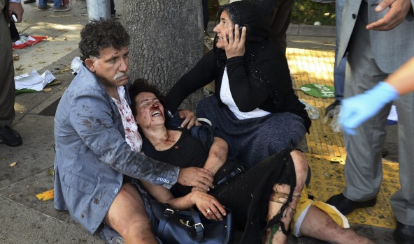 Wounded people wait for help after the explosion. Turkey is being drawn into the conflict playing out in its neighbour Syria