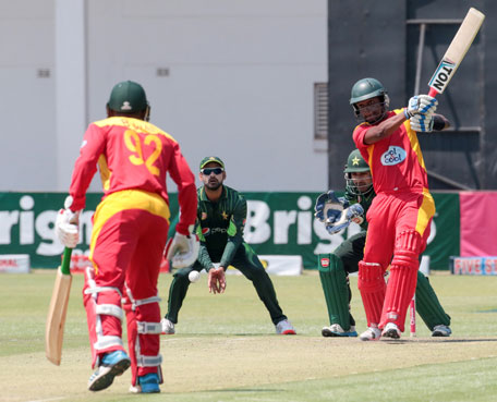 Zimbabwe batsman Chamunorwa Chibhabha hits the ball during the series of three ODI cricket matches between Pakistan and host Zimbabwe