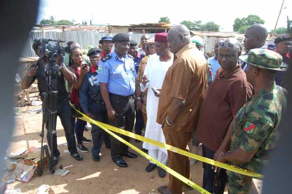 L-R Commissioner of Police FCT Willson Inalegwu Permanent Secretary FCT John Chukwu Chief of Staff to the President Abba Kyari and others at the Scene of the Bomb Blast at Kuje Area Council in Abuja