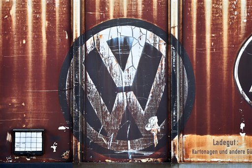 A Volkswagen logo is seen on a freight car at the VW factory in Zwickau Gemany Monday Oct.5 2015