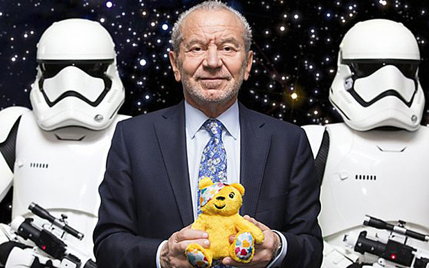 Children in Need Sir Alan Sugar with two Star Wars storm-troopers and Pudsey the Bear