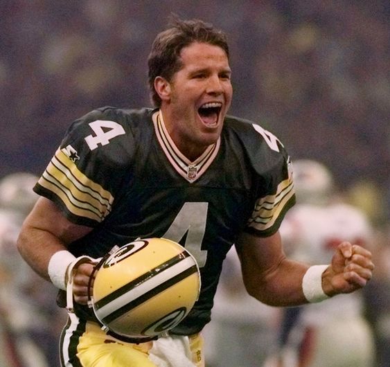 Green Bay Packers quarterback Brett Favre celebrates after throwing a touchdown pass to Andre Rison during the Super Bowl in New Orleans. Favre is a semifinalist for the Pro Football Hall of Fame in his fir