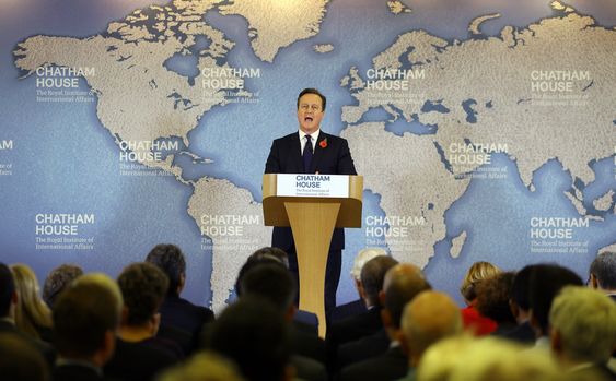 David Cameron delivers a speech on EU reform and the UKâ€™s renegotiation at Chatham House in London Tuesday Nov. 10 2015. Cameron on Tuesday formally launched his bid to renegotiate Britain's membership within the