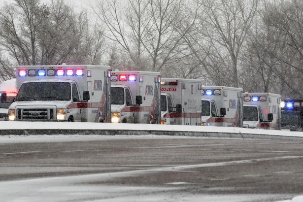 A long line of ambulances wait near where a shooter was suspected to be still holed up in Colorado Springs Colorado.         
                     Rick Wilking  Reuters