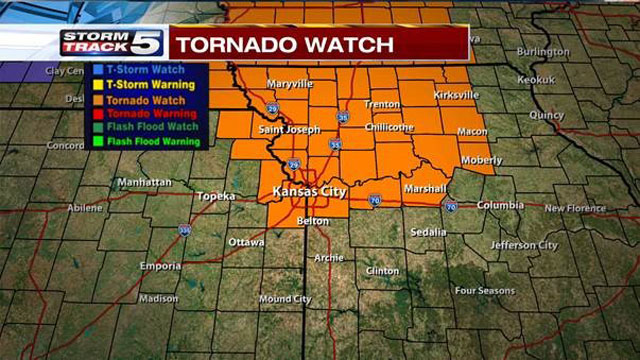 A tornado watch has been issued for most of the KCTV5 viewing area including Kansas City