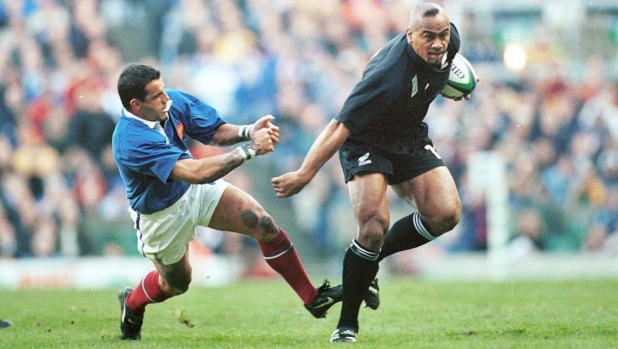 Jonah Lomu in action during the Rugby World Cup semifinal between the All Blacks and France at Twickenham in 1999