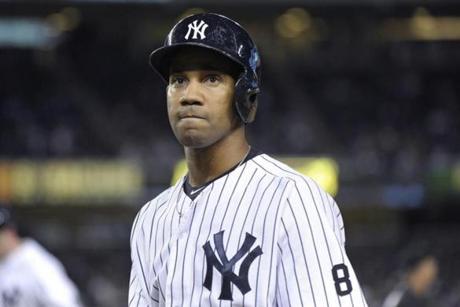 New York Yankees&apos Chris Young reacts after grounding into a double play during the eighth inning of a baseball game against the Chicago White Sox Friday Sept. 25 2015 at Yankee Stadium in New York