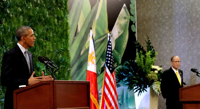 United States of America President Barack Obama delivers his remarks during the joint press statement with President Benigno S. Aquino III after the bilateral meeting at the Sofitel Philippine Plaza Hotel on Wednesday, at the sidelines of