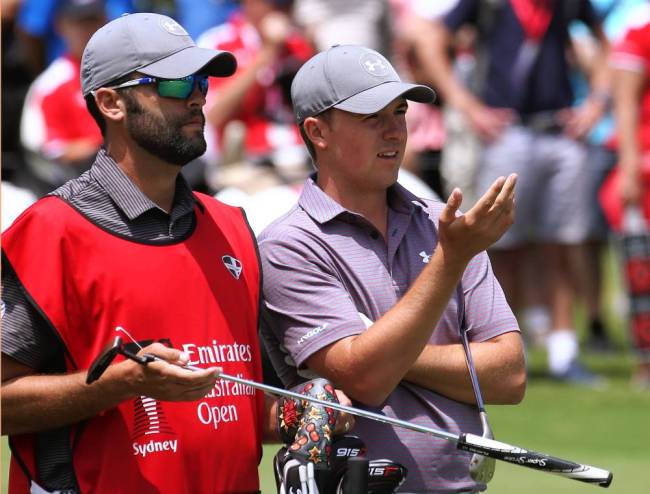 Defending champion Jordan Spieth right lamenting a bad shot on the seventh green at the Australian Open on Friday