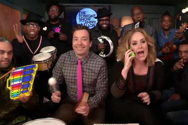 Adele performs'Hello with The Roots and Jimmy Fallon