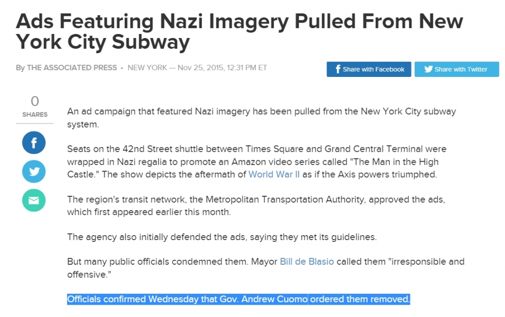 Amazon ads for Nazi-themed TV show pulled from NY subway