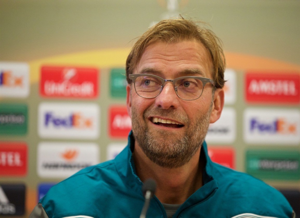 Liverpool's manager Jürgen Klopp during a press conference at Melwood Training Ground ahead of the UEFA Europa League Group Stage Group B match against FC Rubin Kazan. (Pic by David Rawcliffe  Propaga