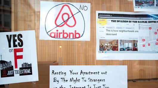 Signs showing support for Proposition F are posted on a shop window in San Francisco on Nov. 2 2015