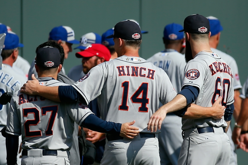 All-Star Jose Altuve #27 A.J. Hinch manager and American League All Star Dallas Keuchel #60 of the Houston Astros