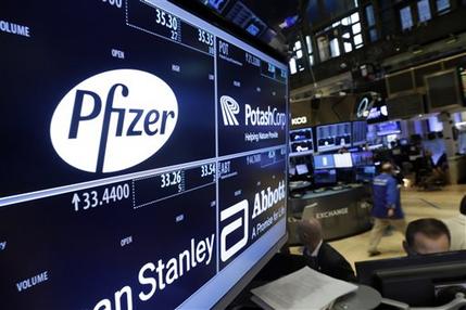 The logo for Pfizer is displayed on a trading post on the floor of the New York Stock Exchange,Thursday Oct. 29 2015. Allergan which makes Botox jumped 8 percent after saying it has held talks with Pfizer about a sale