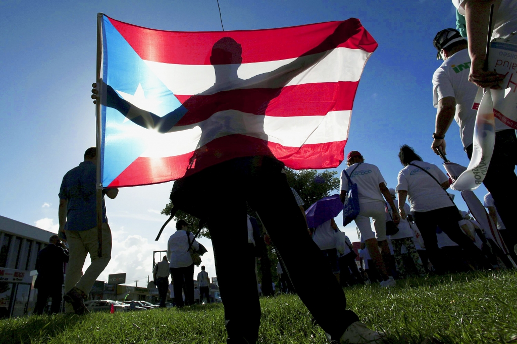 PUERTORICO1106 A protester holding Puerto Rico’s flag takes part in a march in San Juan to improve health care benefits