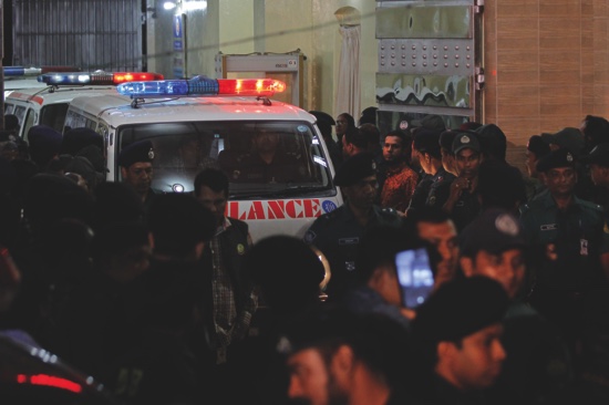 Ambulances carrying the bodies Salahuddin Quader Chowdhury and Ali Ahsan Mohammad Mujahid leave the Central Jail after they were executed in Dhaka