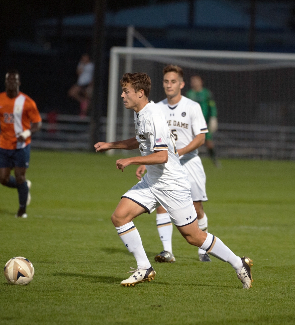 Irish players celebrate after a goal during Notre Dame’s 3-1 victory over Virginia on Sept. 25 at Alumni Stadium