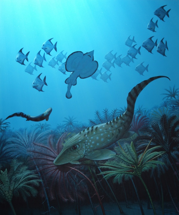 An imagined post-extinction scene when the ocean was filled with tiny fish