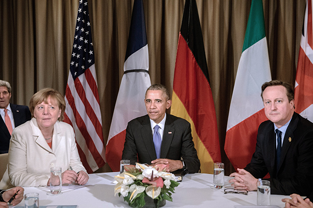 Angela Merkel Barack Obama and David Cameron attend a meeting during the G20 Summit in Antalya