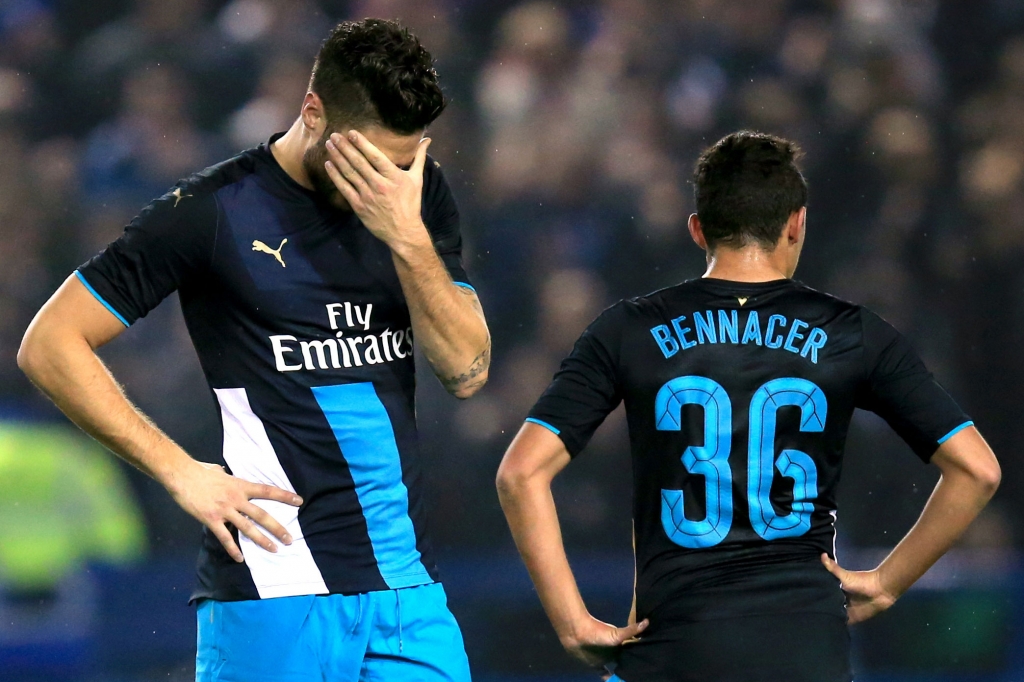 Arsenal's Olivier Giroud and Ismael Bennacer after Sheffield Wednesday beat them 3-0 in the League Cup