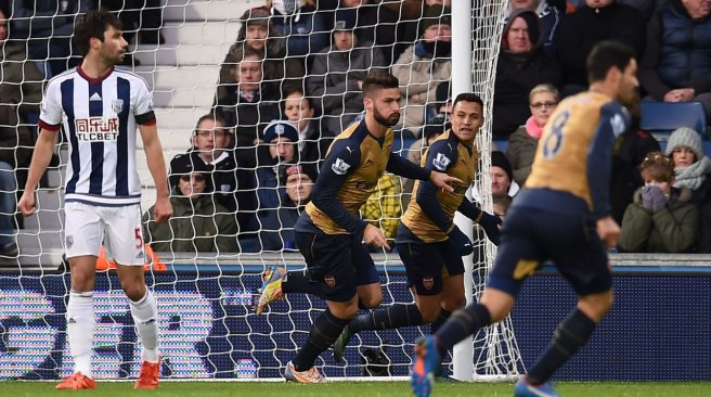 Arsenal striker Olivier Giroud celebrates scoring the opening goal of the English Premier League football match between West Bromwich Albion and Arsenal at The Hawthorns in West Bromwich central England