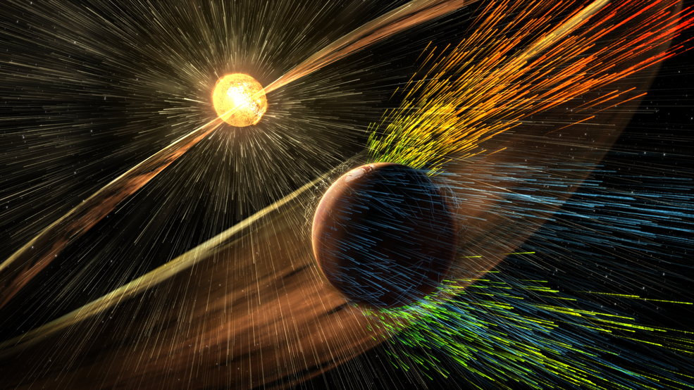 Artist’s rendering of a solar storm hitting Mars and stripping ions from the planet’s upper