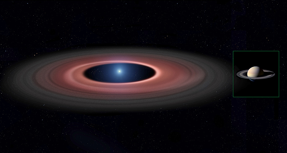 An asteroid torn apart by the strong gravity of white dwarf SDSS 1228+1040 has formed a ring of dust particles and debris orbiting the Earth-sized burnt out stellar core. Gas produced by collisions within the disc is detected in observations obtained ove