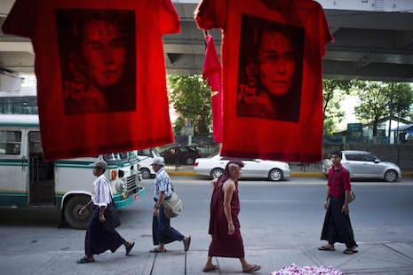 T-shirts with the image of Myanmar opposition leader Aung San Suu Kyi are displayed at a printing house in Yangon on Nov. 13. Suu Kyi's party has secured a parliamentary majority after nationwide elections