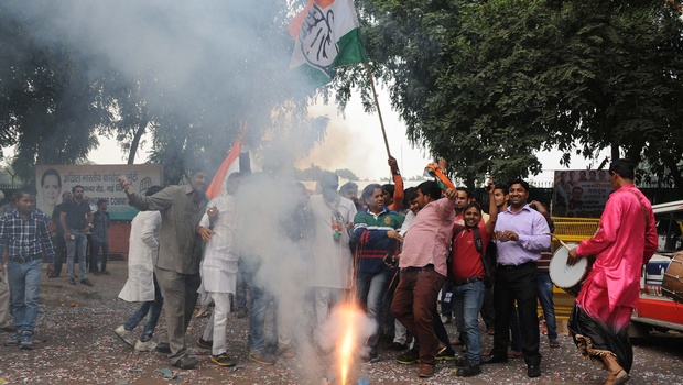 Congress supporters celebrating after the victory of the