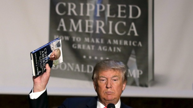 US Republican presidential candidate Donald Trump promotes new book'Crippled America in New York City