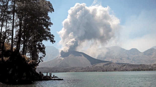 Volcanic ash is seen during an eruption inside the crater of Mount Rinjani on the Indonesian island of Lombok on Oct. 25 in this