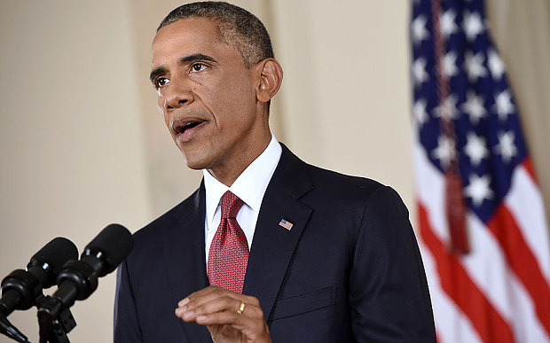 Barack Obama addresses the nation from the Cross Hall in the White House in Washington