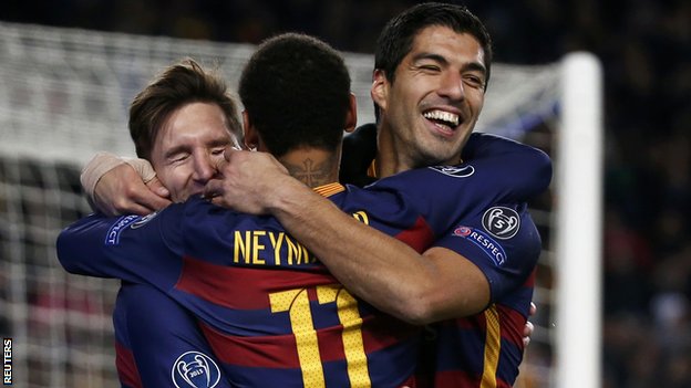 Barcelona forwards Luis Suarez, Neymar and Lionel Messi