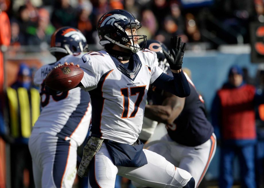 Denver Broncos quarterback Brock Osweiler throws during the first half of an NFL football game against the Chicago Bears Sunday Nov. 22 2015 in Chicago