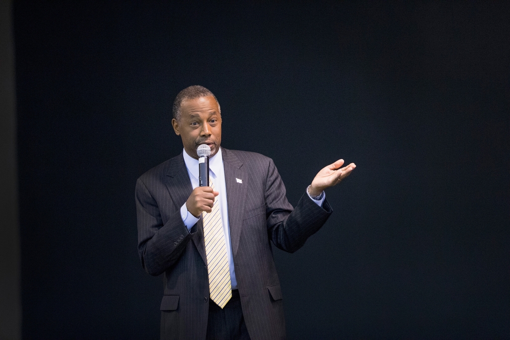 WILTON IA- NOVEMBER 22 Republican presidential candidate Ben Carson speaks to guests at a barbeque hosted by Jeff Kauffman chairman of the Republican party of Iowa