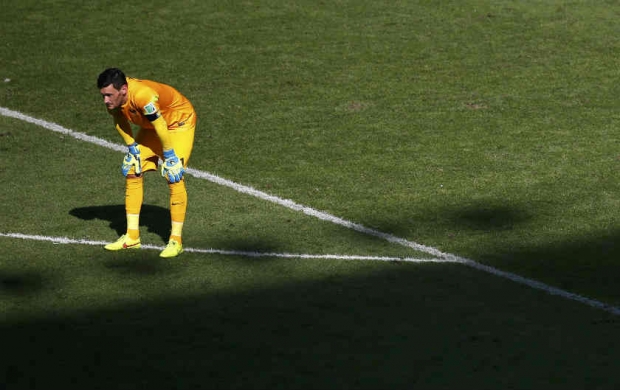 France's goalkeeper Hugo Lloris looks on during their 2014 World Cup quarterfinals against Germany at the Maracana stadium in Rio de Janeiro