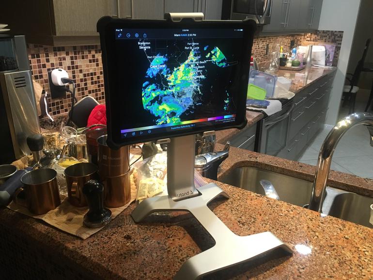 The Tstand at my espresso bar with iPad Pro enclosed in the Ballistic Tough Jacket case