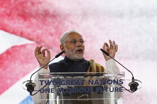 Prime Minister Narendra Modi addresses a welcome rally in his honour at Wembley Stadium in London on 13 November 2015