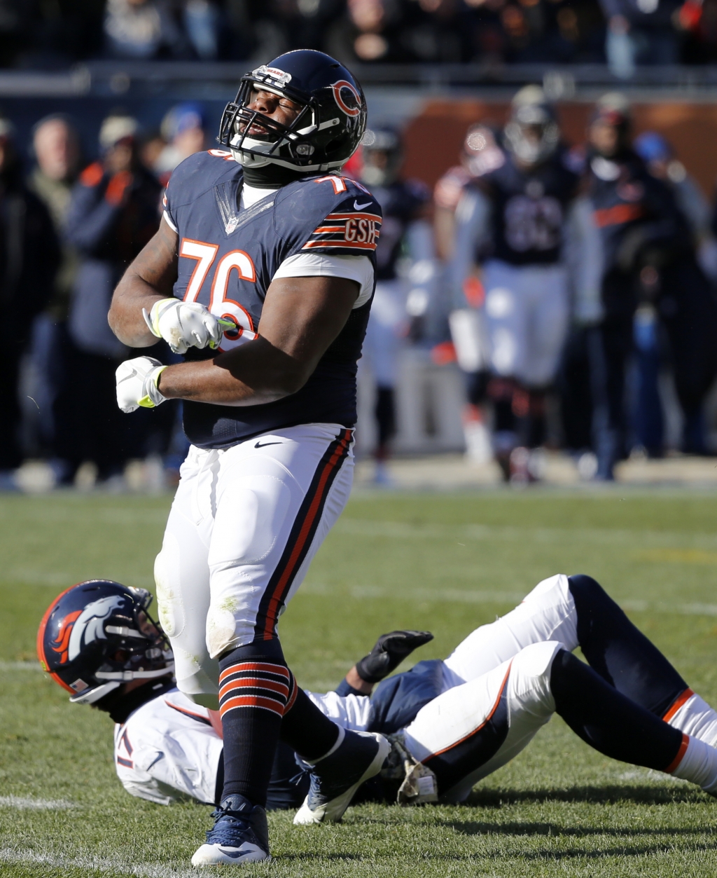 Chicago Bears nose tackle Bruce Gaston celebrates after sacking Denver Broncos quarterback Brock Osweiler during the first half of an NFL football game against the Denver Broncos Sunday Nov. 22 2015 in Chicago. (AP