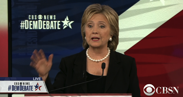 A screenshot of presidential candidate Hilary Clinton taking part in the CBS Democratic Debate