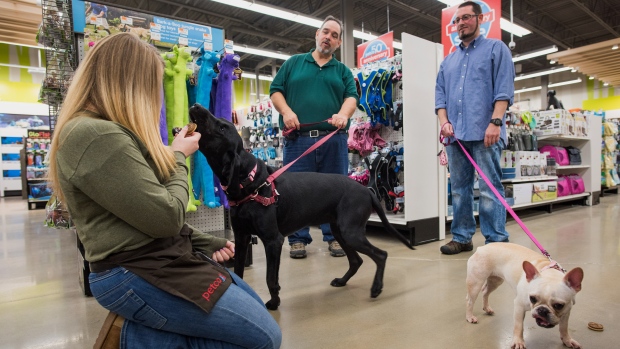 Customers and an employee of Petco are shown. The U.S. chain is reportedly about to be bought out by a group of investors that includes Canada's national pension plan the CPPIB